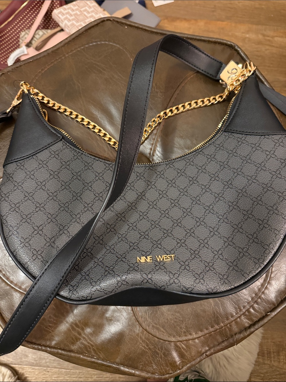 Nine West Black Patterned Crescent Shoulder Bag with Gold Chain Accent
